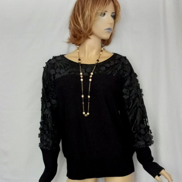 Joseph A Tops - NWT $88 JOSEPH A 3D FLOWER MESH SLEEVES KNIT TOP IN BLACK Top Sz 2X VERY CHIC!
